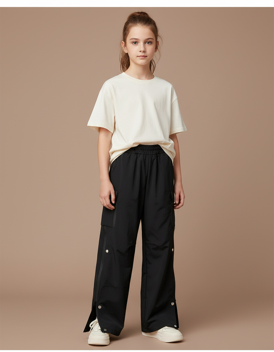 Pantalon Cargo Noir Ample Zippé Fille Sportif - Polyester
