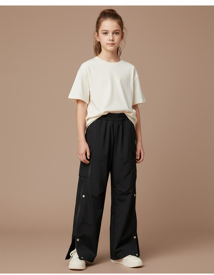 Pantalon Cargo Noir Ample Zippé Fille Sportif - Polyester