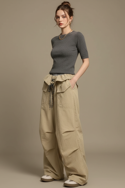 Pantalon Cargo Beige Ample Taille Basse Femme - Toile
