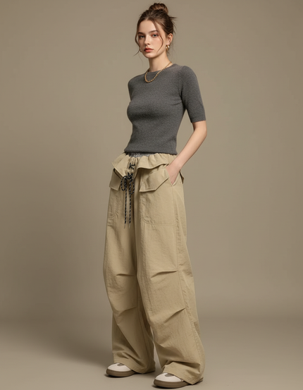 Pantalon Cargo Beige Ample Taille Basse Femme - Toile