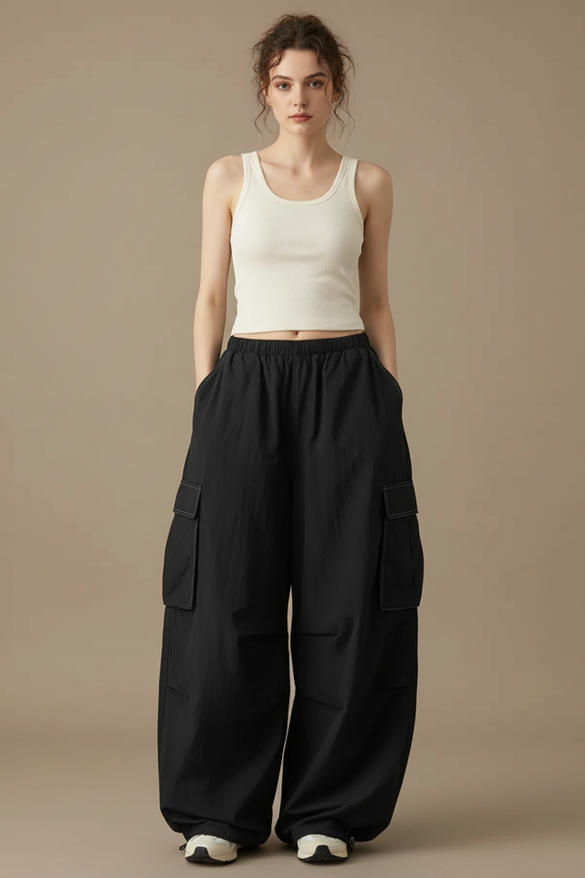 Pantalon Cargo Noir Ample Fluide Poches Streetwear - Polyester