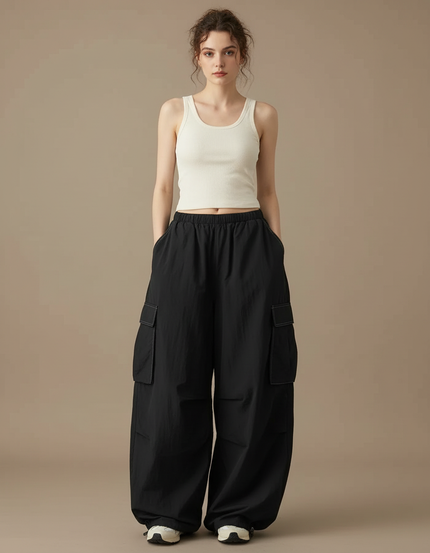 Pantalon Cargo Noir Ample Fluide Poches Streetwear - Polyester