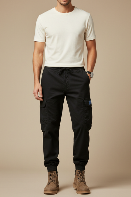 Pantalon Cargo Noir Homme Coton Multipoches Décontracté