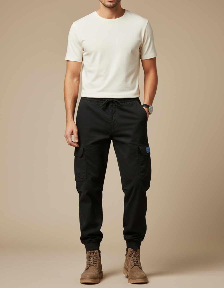 Pantalon Cargo Noir Homme Coton Multipoches Décontracté