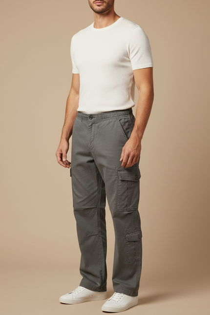Pantalon Cargo Gris Coton Décontracté Ample Poches - Toile