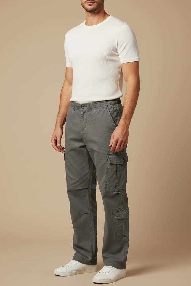 Pantalon Cargo Gris Coton Décontracté Ample Poches - Toile