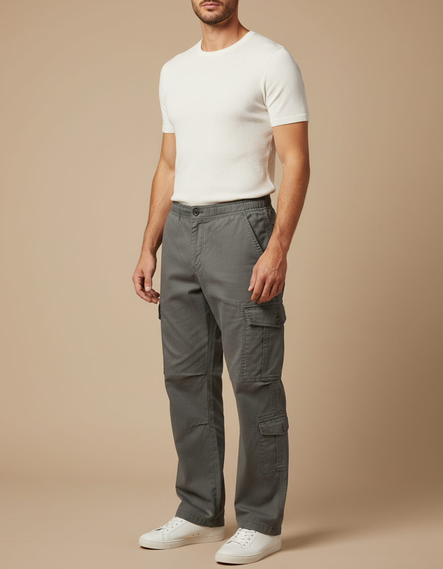 Pantalon Cargo Gris Coton Décontracté Ample Poches - Toile