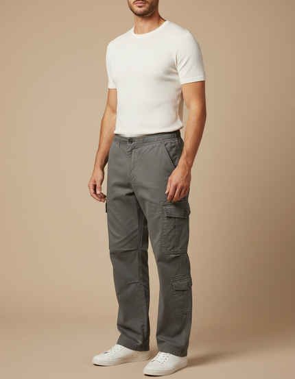 Pantalon Cargo Gris Coton Décontracté Ample Poches - Toile