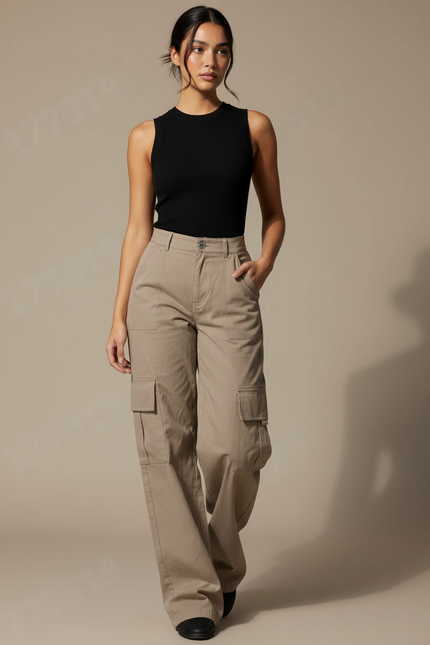 Pantalon Cargo Large Beige - Gabardine
