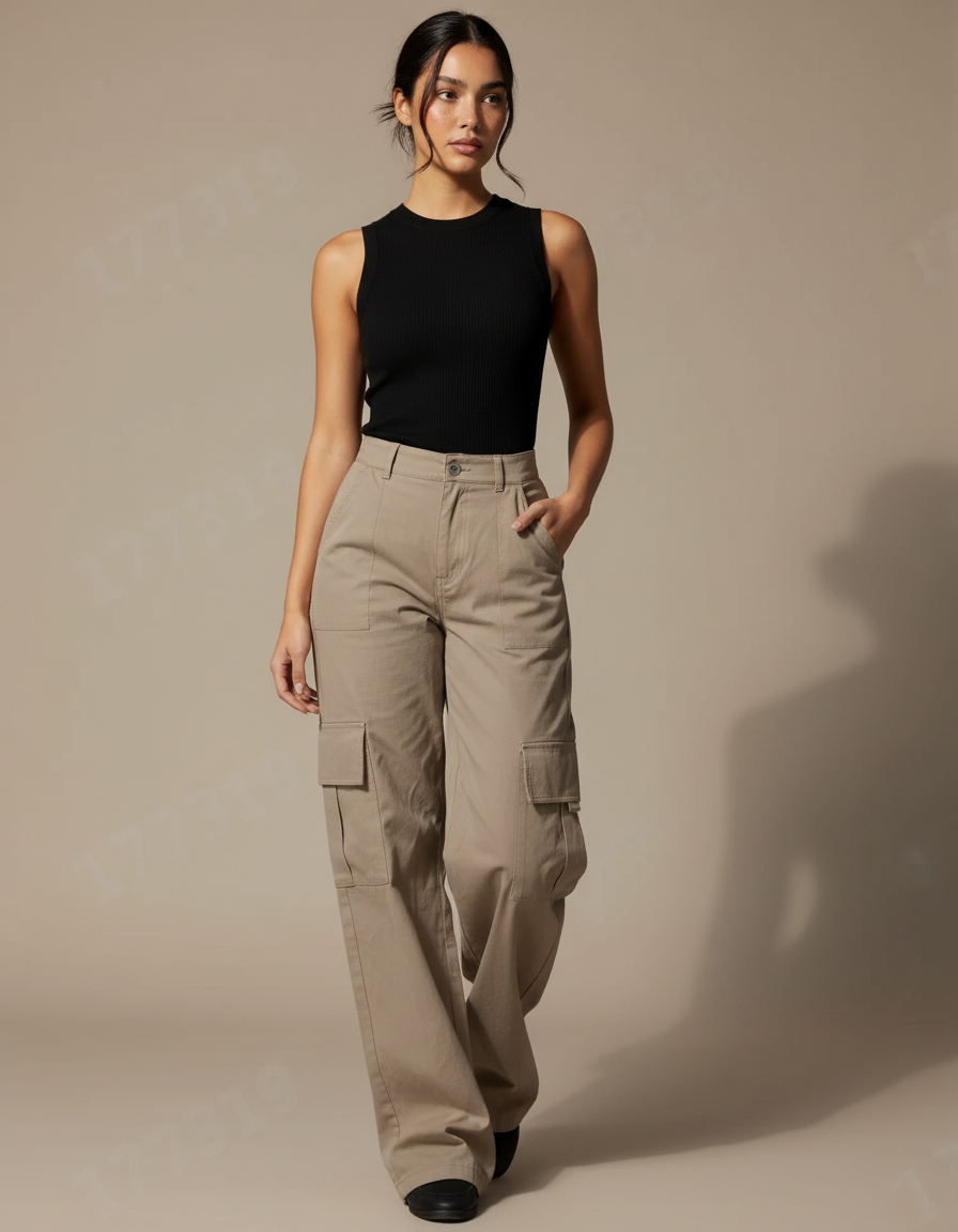 Pantalon Cargo Large Beige - Gabardine