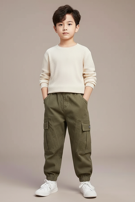 Pantalon Cargo Kaki Ample Coton Enfant Poches - Toile