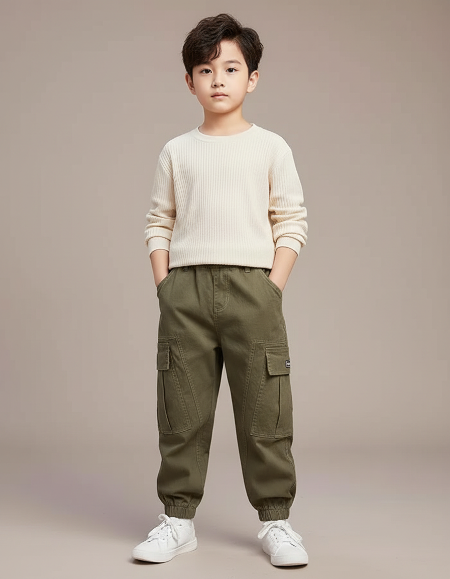 Pantalon Cargo Kaki Ample Coton Enfant Poches - Toile