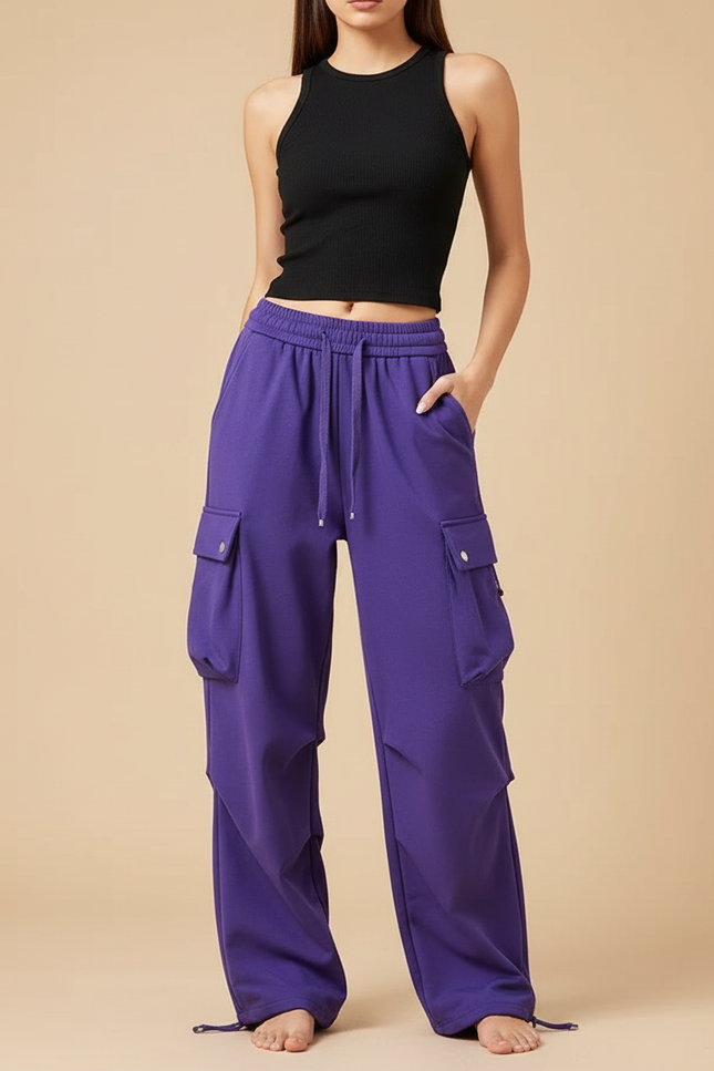 Pantalon Cargo Violet Ample Décontracté Sport Femme - Molleton