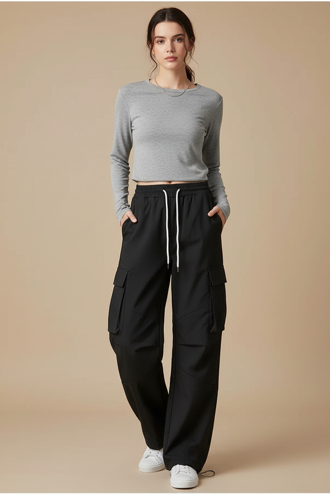 Pantalon Cargo Femme Noir Parachute Ripstop Streetwear - Polyester