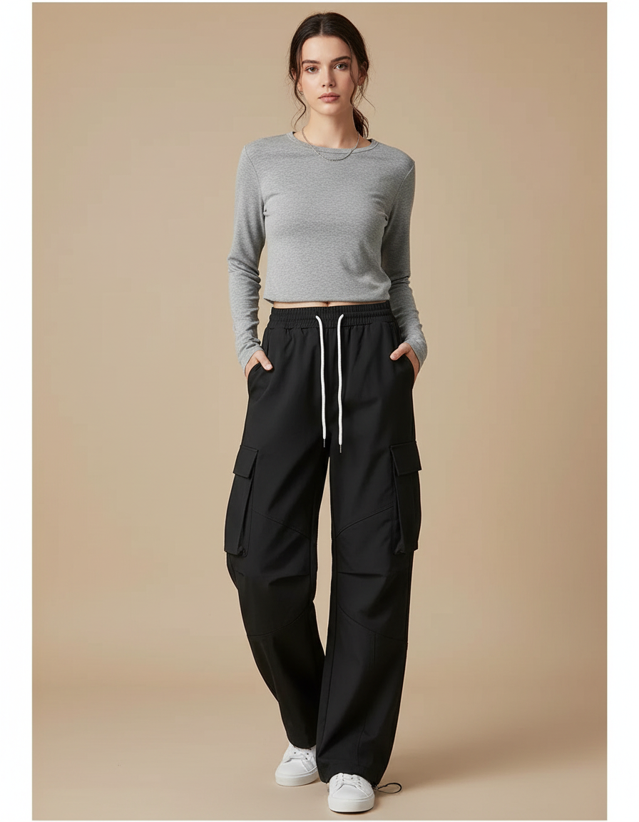 Pantalon Cargo Femme Noir Parachute Ripstop Streetwear - Polyester