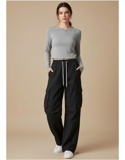 Pantalon Cargo Femme Noir Parachute Ripstop Streetwear - Polyester