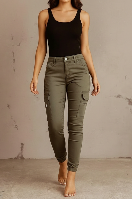 Pantalon Cargo Vert Militaire Slim Femme Coton - Kaki
