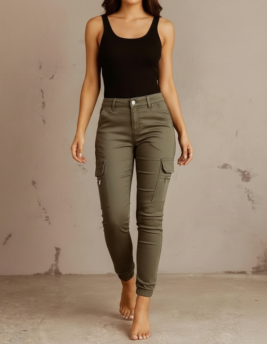 Pantalon Cargo Vert Militaire Slim Femme Coton - Kaki