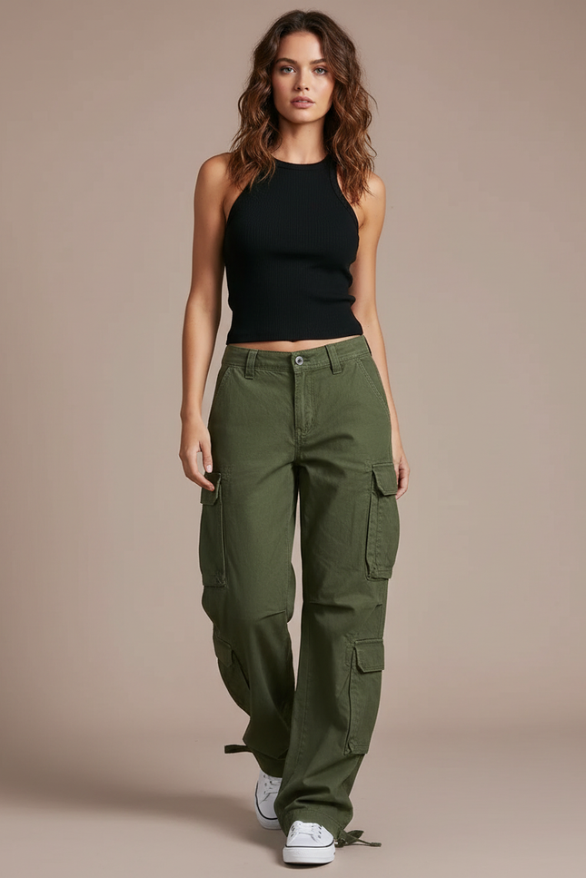 Pantalon Cargo Vert Ample Multipoches Décontracté Femme - Kaki Toile