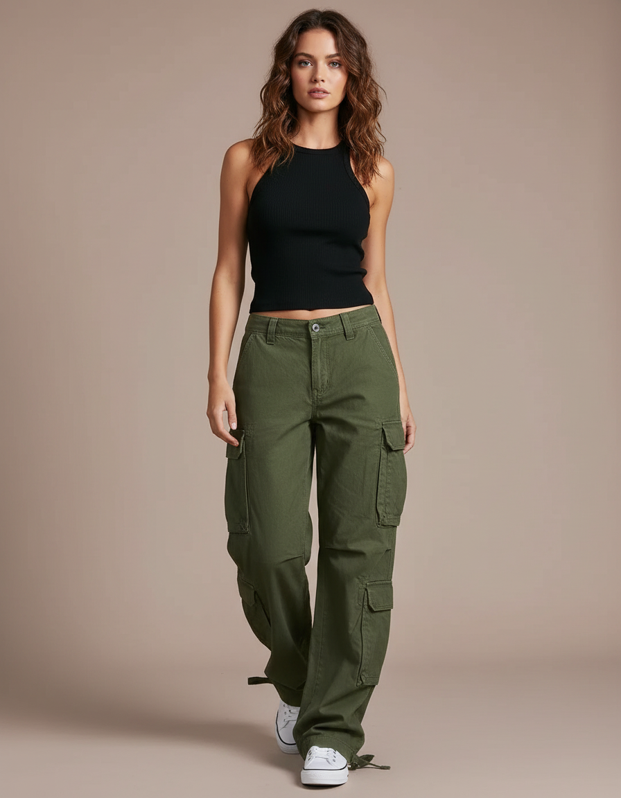 Pantalon Cargo Vert Ample Multipoches Décontracté Femme - Kaki Toile