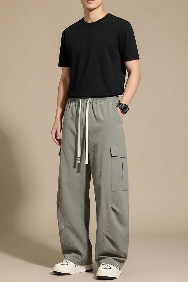 Pantalon Cargo Gris Ample Cordon Décontracté Multipoches - Polyester
