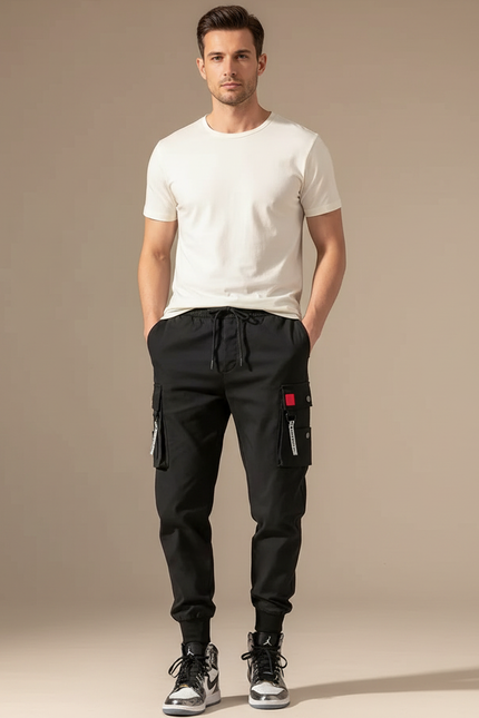 Pantalon Cargo Noir Homme Multi-Poches Cordon Jogger - Polyester