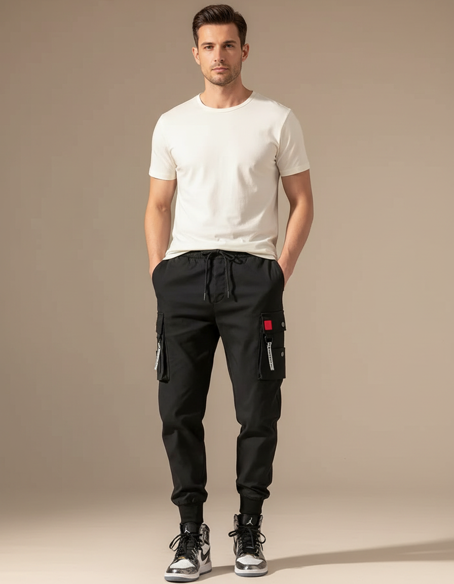 Pantalon Cargo Noir Homme Multi-Poches Cordon Jogger - Polyester