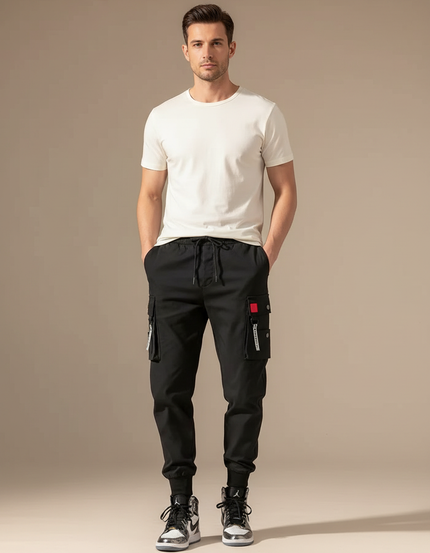 Pantalon Cargo Noir Homme Multi-Poches Cordon Jogger - Polyester