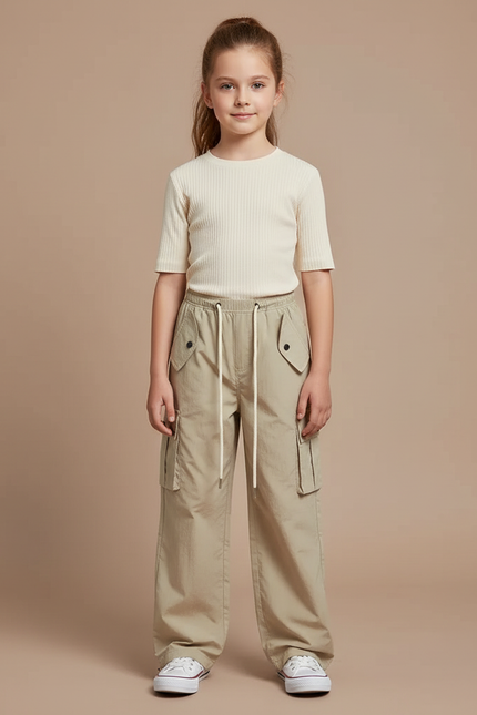 Pantalon Cargo Beige Ample Décontracté Fille - Toile