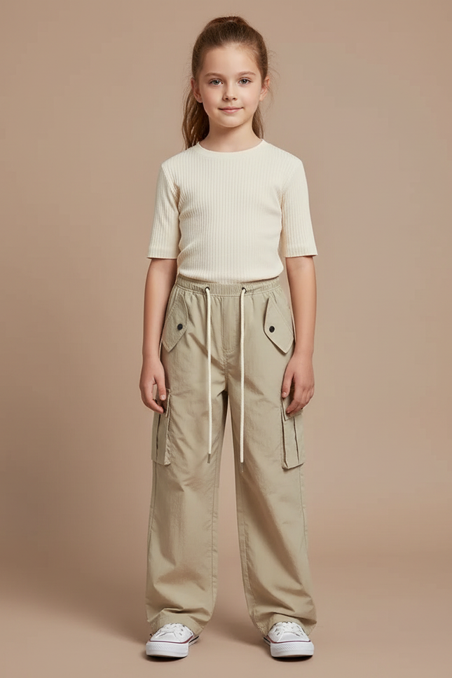 Pantalon Cargo Beige Ample Décontracté Fille - Toile