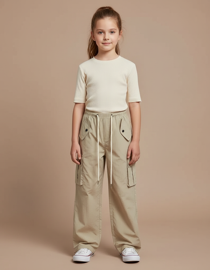 Pantalon Cargo Beige Ample Décontracté Fille - Toile