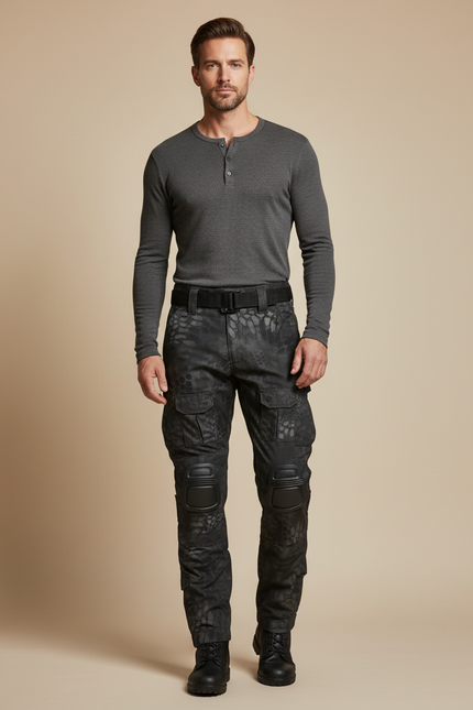Pantalon Cargo Tactique Camouflage Noir Multipoches Genouillères - Polyester