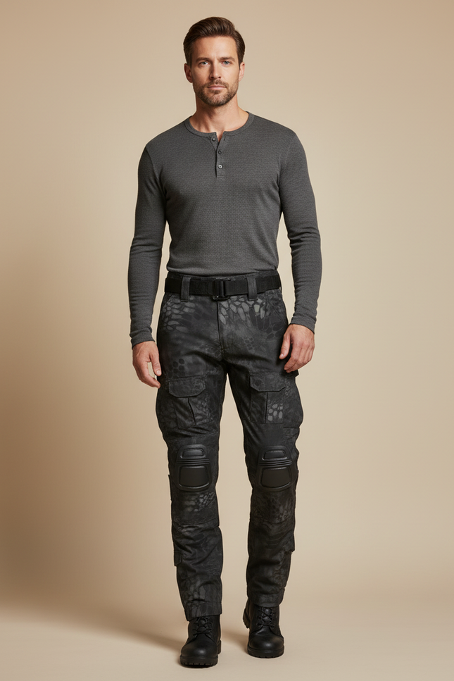 Pantalon Cargo Tactique Camouflage Noir Multipoches Genouillères - Polyester