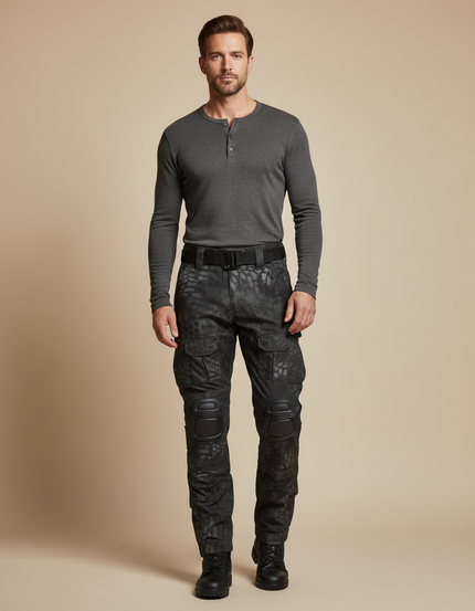 Pantalon Cargo Tactique Camouflage Noir Multipoches Genouillères - Polyester