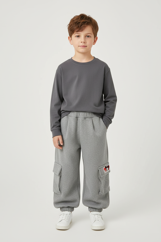 Pantalon Cargo Gris Ample Molletonné Enfant Décontracté Cartoon