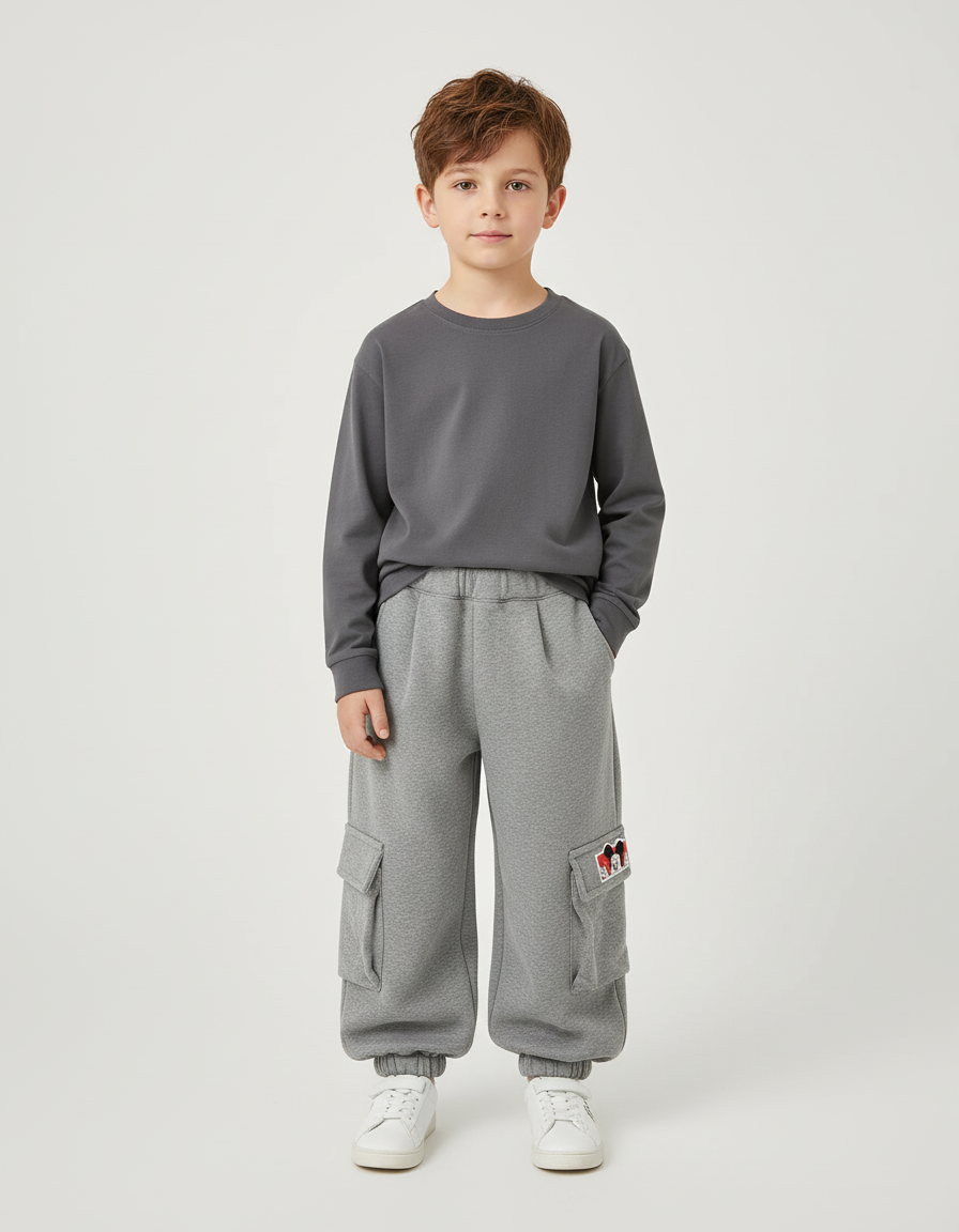Pantalon Cargo Gris Ample Molletonné Enfant Décontracté Cartoon