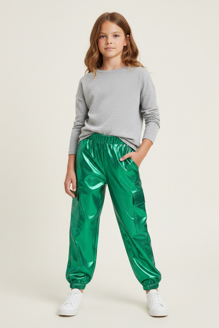 Pantalon Cargo Vert Brillant Métallique Ample Enfant - Polyester