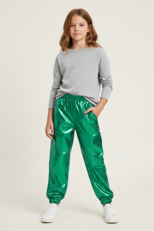 Pantalon Cargo Vert Brillant Métallique Ample Enfant - Polyester