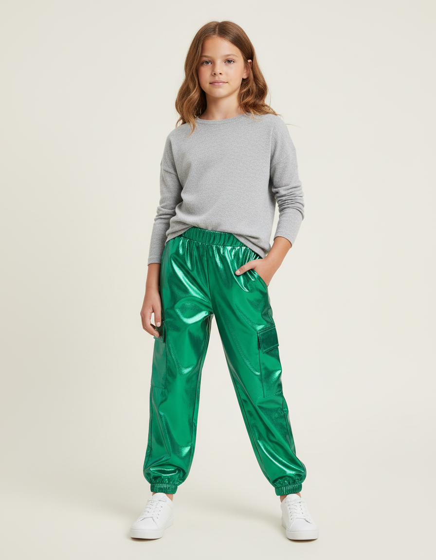 Pantalon Cargo Vert Brillant Métallique Ample Enfant - Polyester
