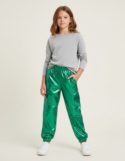 Pantalon Cargo Vert Brillant Métallique Ample Enfant - Polyester