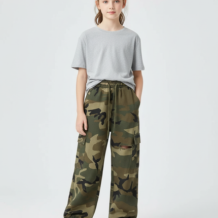Pantalon Cargo Camouflage Ample Vert Militaire Fille - Molleton