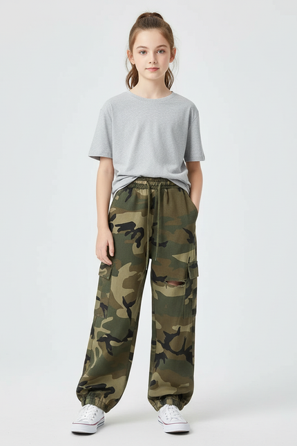 Pantalon Cargo Camouflage Ample Vert Militaire Fille - Molleton