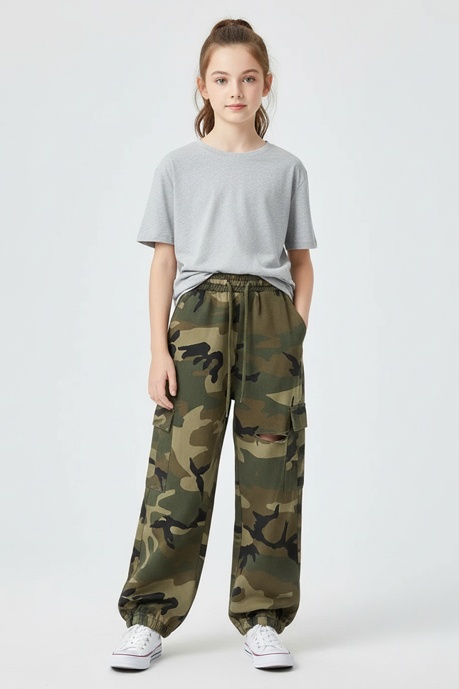 Pantalon Cargo Camouflage Ample Vert Militaire Fille - Molleton