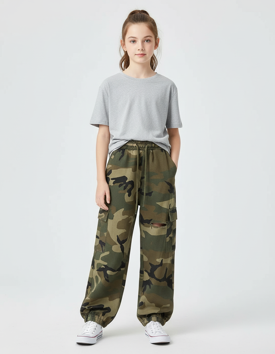 Pantalon Cargo Camouflage Ample Vert Militaire Fille - Molleton