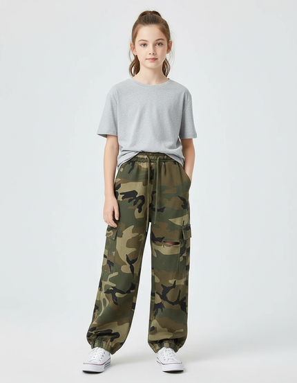 Pantalon Cargo Camouflage Ample Vert Militaire Fille - Molleton