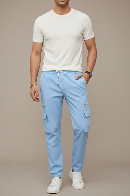 Pantalon Cargo Bleu Ciel Décontracté Cordon Poches Zippées - Polyester