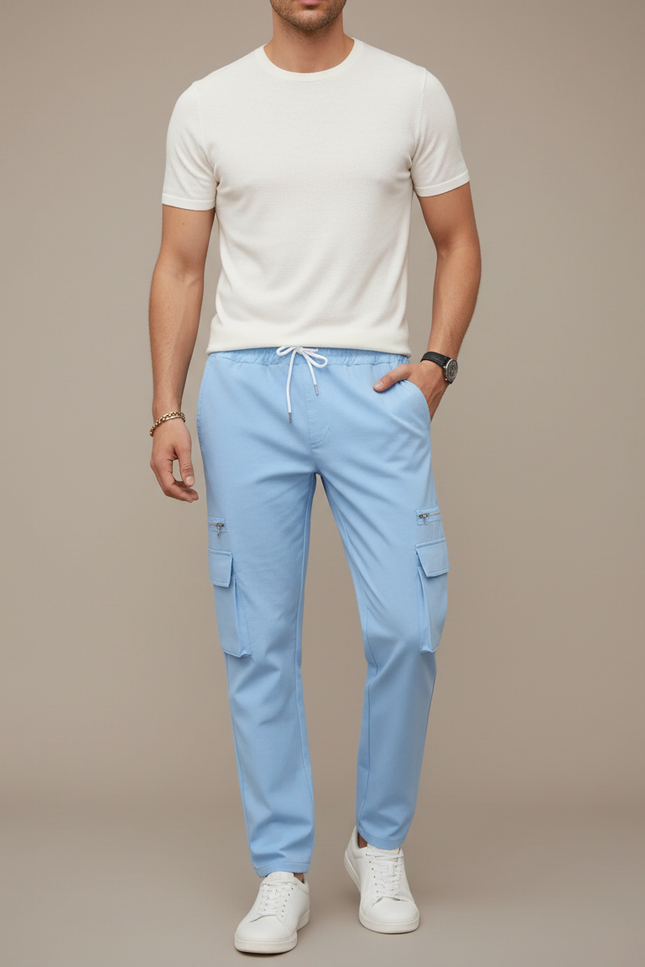 Pantalon Cargo Bleu Ciel Décontracté Cordon Poches Zippées - Polyester