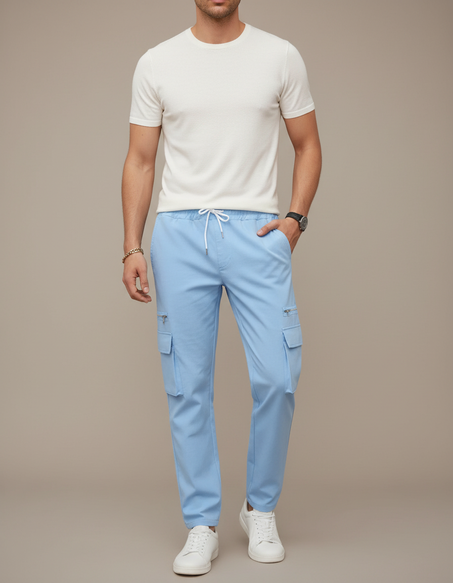 Pantalon Cargo Bleu Ciel Décontracté Cordon Poches Zippées - Polyester