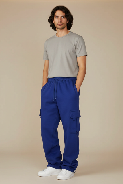 Pantalon Cargo Bleu Royal Ample Molletonné Multi-Poches
