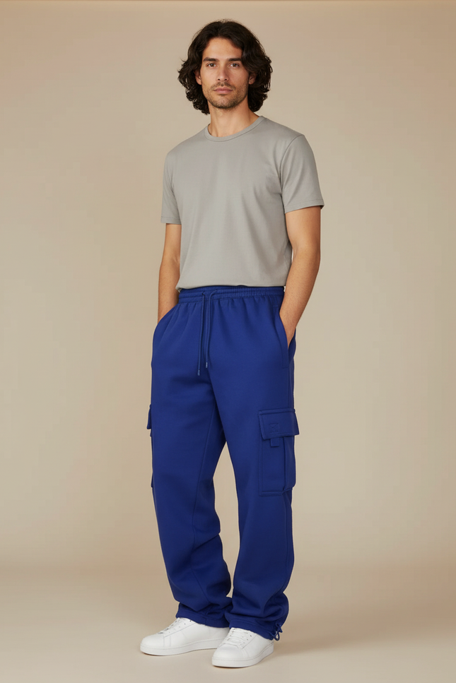 Pantalon Cargo Bleu Royal Ample Molletonné Multi-Poches